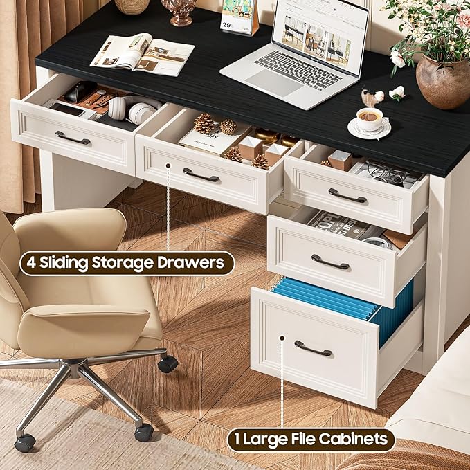 Vabches 55 Inch Farmhouse Desk with 5 Drawers, Large Home Office Computer Desk with Adjustable File Drawer, Executive Workstation with Storage for Study Writing Work, Black