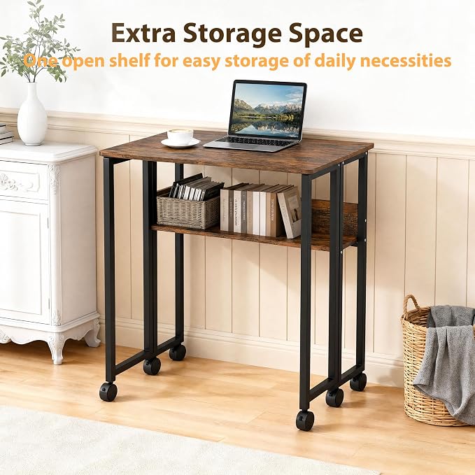 Garvee Folding Desk Small Rolling Desk with Storage Shelf,24.8 Inch Foldable Computer Table for Small Spaces, Space Saving Sofa Table with Wheels for Home Office, Study, Easy Assembly,Walnut