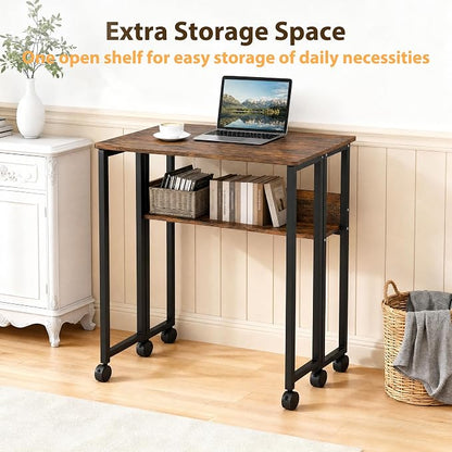 Folding Desk with Storage Shelf, 24.8 Inch Foldable Computer Table with Wheels for Small Spaces,Space Saving Sofa Table for Couch, Rolling Writing Work Office Computer Desk, Easy to Fold,Walnut