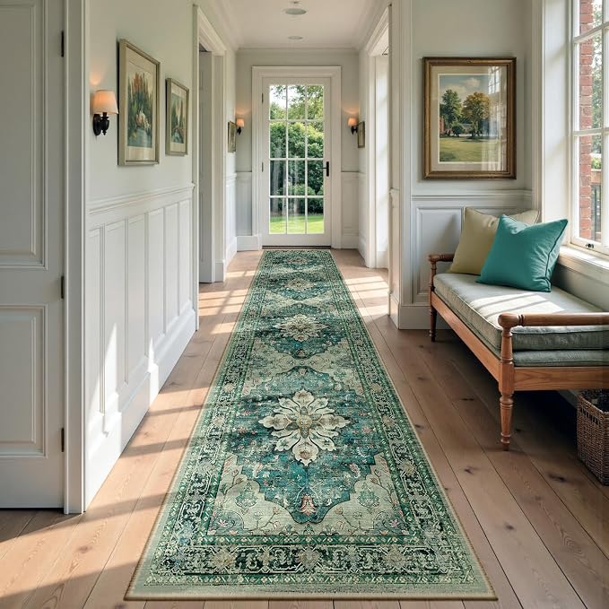 RELEANY Area Rugs Runner 2'6"x12' Washable Non-Slip, Floral Vintage Distress Medallion Carpet for Kitchen Hallway Bedroom Beside Laundry Room Bathroom, Dark Blue Vintage