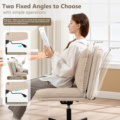 Fizzin Criss Cross Chair,Armless Cross Legged Chair with Wheels,Memory Foam Seat Office Desk Chair with Flipable Back Cushion,Mid Back Swivel Chair for Home Office,Bedroom Vanity (Beige)