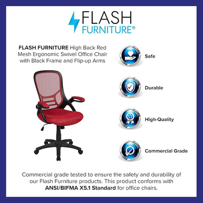 Flash Furniture Porter High Back Mesh Ergonomic Swivel Office Chair with Lumbar Support, Flip-Up Arms, Tilt Lock/Tilt Tension, Height Adjustable, Red/Black Frame