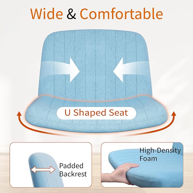Criss Cross Chair with Wheels, Cross Legged Office Chair, Armless Office Chairs Adjustable Height Swivel Tilting Fabric Vanity Chairs for Home Bedroom (Blue)