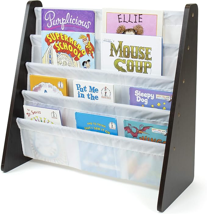 Humble Crew Kids Bookshelf, 4-Tier Front-Facing Book Display Organizer, Montessori Toddler Bookcase for Playroom, Bedroom & Reading Corner, Espresso Wood/White