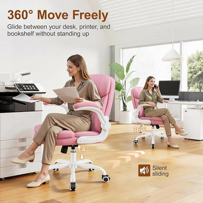 Leather Office Chair, Upgraded PU Computer Desk Chairs with Double-Layer Seat Cushion and Neckrest, 360°Swivel, Ergonomic Small Gaming Chair with Wheels and Adjustable Armrests for Short People, Pink