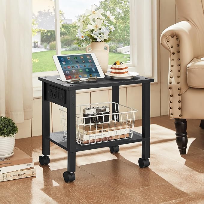 YUFAM 2 Tier Under Desk Printer Stand with Storage, Small Printer Table with Charging Station, Rolling Printer Cart Shelf with Lockable Wheels for Home, Office (Black)