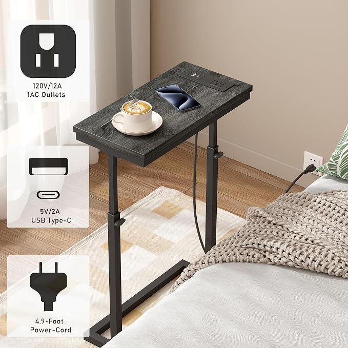 TUTOTAK End Table with Charging Station, Side Table, Tall Couch Table, Sofa Table, Living Room, Bedroom,Grey TB01BY084