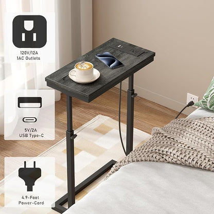 TUTOTAK End Table with Charging Station, Side Table, Tall Couch Table, Sofa Table, Living Room, Bedroom,Grey TB01BY084