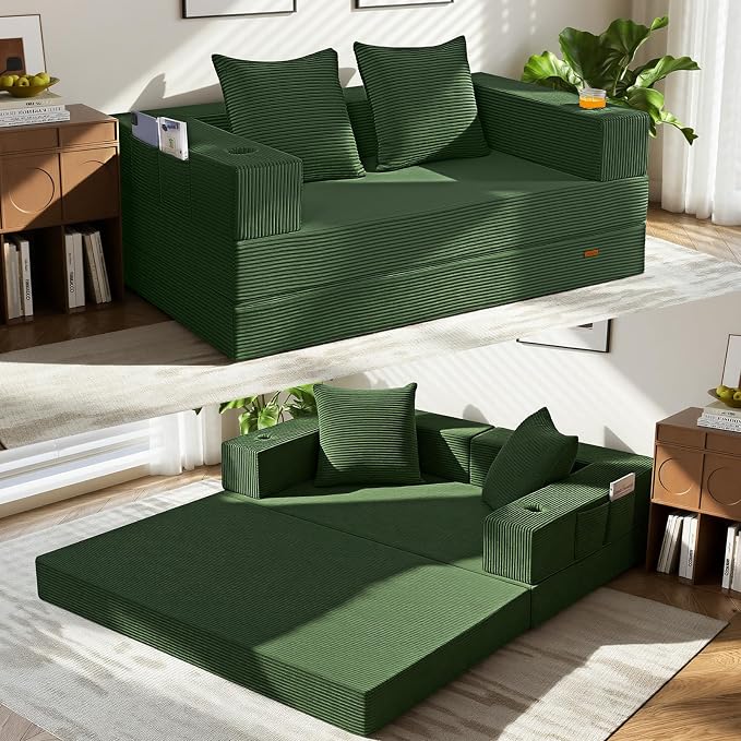 COMAX Futon Sofa Bed, 4‑in‑1 Convertible Sofa Bed, Folding Boneless Couches | Boneless Couch for living room, Fold Out Small Foldable Loveseat Floor Sleeper Mattress Lounge Space‑Saving, Green