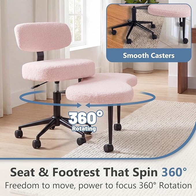 DUMOS Ergonomic ADHD Meditation Office Desk Chair with Adjustable Backrest, Cross Legged Chair Height Adjustable with 360° Swivel Footstool, Yoga Stool for Home Office, Teddy Fabric Pink