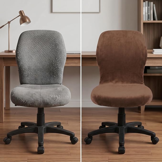 Deisy Dee Velvet Stretch Armless Office Chair Covers - Colorful Stretch Slipcover for Desk Chairs (Coffee)