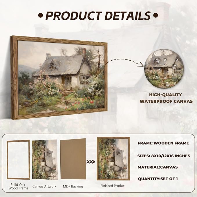 Framed Farmhouse Wall Decor, Country Cottage Pictures Wall Art, Pastoral Nature Landscape Canvas Print, Vintage Farm House Oil Painting Artwork for Bedroom Living Room – 8x10 inch
