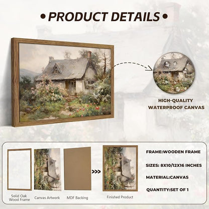 Framed Farmhouse Wall Decor, Country Cottage Pictures Wall Art, Pastoral Nature Landscape Canvas Print, Vintage Farm House Oil Painting Artwork for Bedroom Living Room – 8x10 inch