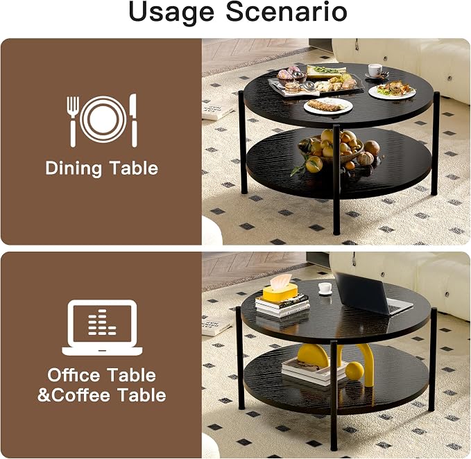 FAMIDGE Coffee Table, 2 Tier Coffee Tables for Living Room, Round Coffee Table with Storage, Floor Table for Bedroom, Home Office, Black (27.6" D x 18.1" H)