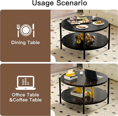 FAMIDGE Coffee Table, 2 Tier Coffee Tables for Living Room, Round Coffee Table with Storage, Floor Table for Bedroom, Home Office, Black (27.6" D x 18.1" H)
