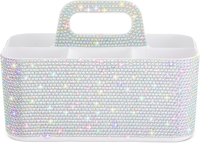 Marspark Bling Makeup Caddy Organizer with Handle, Sparkly Art Craft Holder, Glitter Bathroom Hair Caddy, Shimmer Pen Pencil Holder for Women Desk Organizer, Bling Gifts for Women(White,AB Diamond)