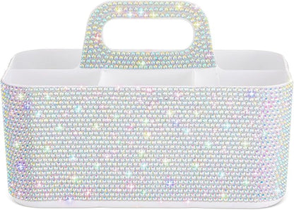 Marspark Bling Makeup Caddy Organizer with Handle, Sparkly Art Craft Holder, Glitter Bathroom Hair Caddy, Shimmer Pen Pencil Holder for Women Desk Organizer, Bling Gifts for Women(White,AB Diamond)