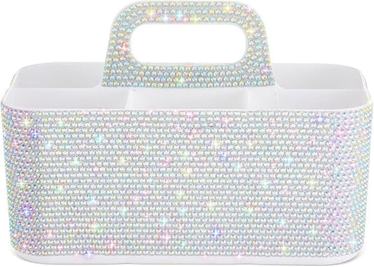 Marspark Bling Makeup Caddy Organizer with Handle, Sparkly Art Craft Holder, Glitter Bathroom Hair Caddy, Shimmer Pen Pencil Holder for Women Desk Organizer, Bling Gifts for Women(White,AB Diamond)