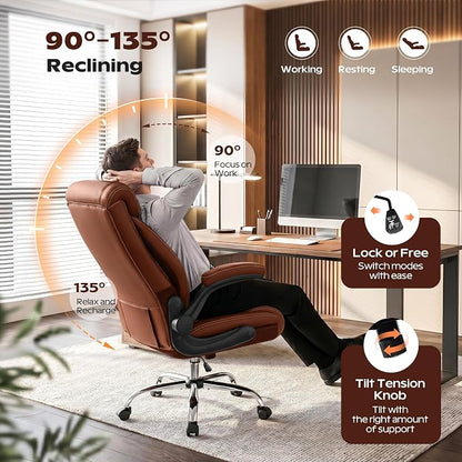 Office Chair, Ergonomic High Back Home Office Desk Chair, Big and Tall Breathable Leather Office Chair with Lumbar Support Flip-Up Armrests, Computer Chair with Rocking Function
