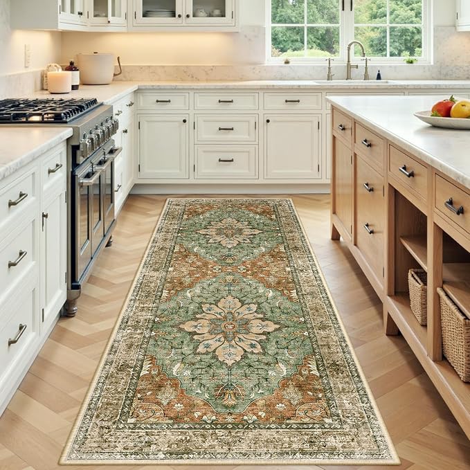 RELEANY Area Rugs Runner 3'x8' Washable Non-Slip, Floral Vintage Distress Medallion Carpet for Kitchen Hallway Bedroom Beside Laundry Room Bathroom, Terracotta Burnt Orange Green