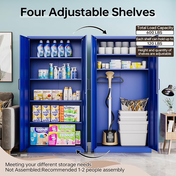 Metal Storage Cabinet with Lock, 71" Black Garage Cabinets with 2 Doors and 4 Adjustable Shelves, Steel Locking Caninet Tall Tool Storage Cabnet, Lockable File Caninets for Home Office, Pantry