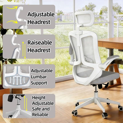 Ergonomic Office Chair - 350LB Comfy Desk Chairs with Adjustable Headrest and Lumbar Back Support, Mesh Computer Chairs with Wheels and Arms for Home Office, Study (Gray-with Headrest)