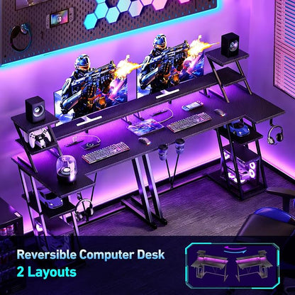 Korfile 55 Inch Black Gaming Desk with LED Lights & Power Outlet, Gaming Computer Desk with Storage Shelves, L Shaped Gamer Workstations with Monitor Stand for Bedroom