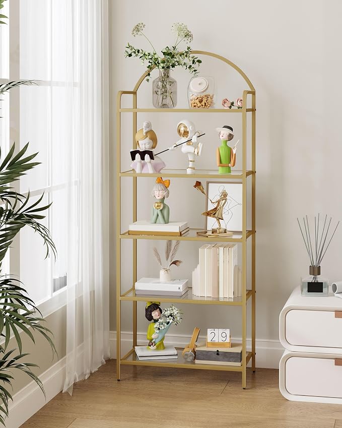Hzuaneri Bookcase Bookshelf, Tempered Glass Bookshelves, Slim Shelving Unit for Bedroom, Bathroom, Home Office, Steel Frame, 5 Tier Gold BC21599G