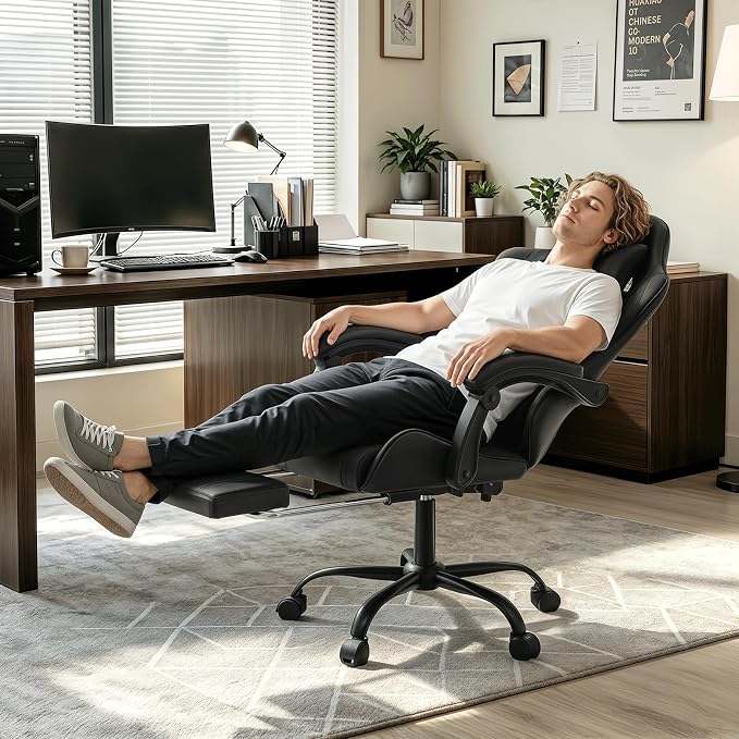 Gaming Chair with Footrest, Ergonomic Computer Gaming Desk Chair with Lumbar Support & Headrest, Adjustable High Back PU Leather Office Chair, Swivel Racing Style Gamer Chair, Black