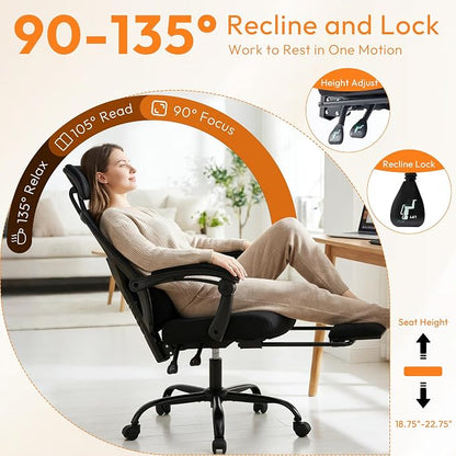 Desk Chair with Foot Rest, High-Back Mesh Office Chair with Wheels, Reclining Gaming Chair with Headrest and Adjustable Lumbar Support, 90°-130° Reclining, for Home Office and Gaming, Black
