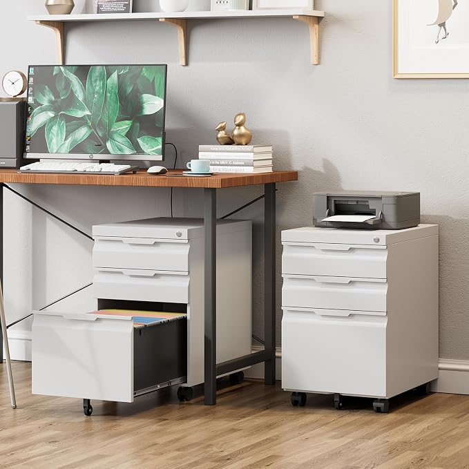 Mobile File Cabinet with Lock,3 Drawer Under Desk Metal Rolling Filing Cabinets for Home Office Organizer A4/Letter/Legal,Easy Assembly,White