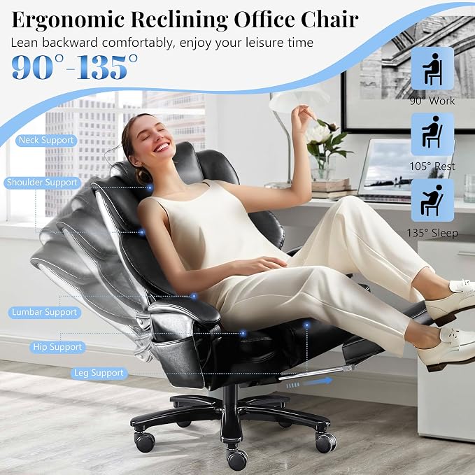3D Kneading Massage Office Chair, Oversized 600LBS Big and Tall Executive Office Chair with Footrest, Reclining Computer Chairs, Wider Upholstered Seat Ergonomic Desk Chair for Home Office, Black