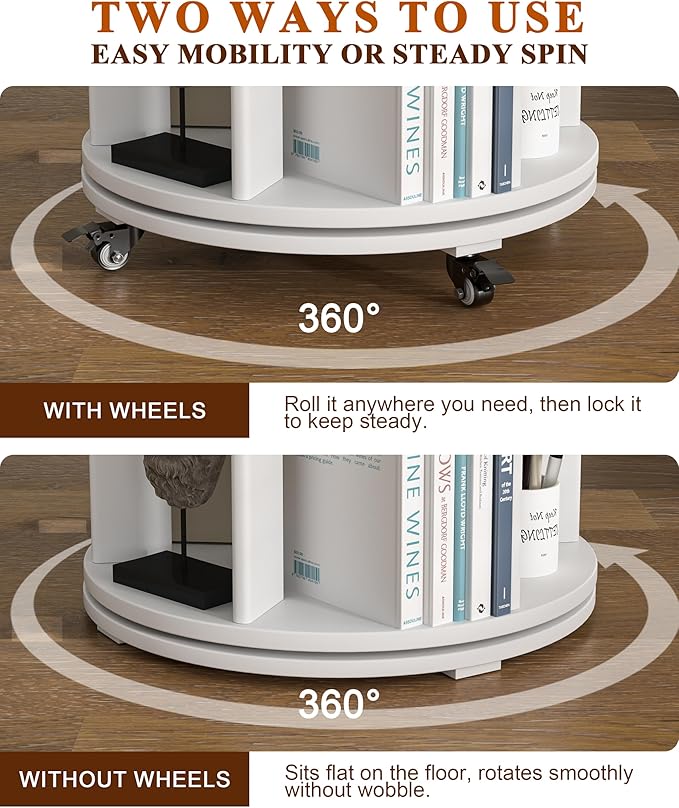 4-Tier Solid Wood Rotating Bookshelf on Wheels, 360° Spinning Book Shelf Tower, Round Revolving Bookcase Organizer, Rolling Bookshelves for Small Spaces, Corner, Bedroom, Kids Room, Office, White