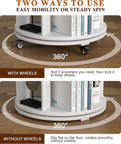6-Tier Solid Wood Rotating Bookshelf on Wheels, 360° Spinning Book Shelf Tower, Round Revolving Bookcase Organizer, Rolling Bookshelves for Small Spaces, Corner, Bedroom, Kids Room, Office, White
