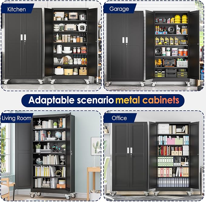 erosoei 74" H Metal Garage Storage Cabinet, Rolling Tool Cabinet with 2 Doors and Wheels, Locker Steel Cabinet with 5 Adjustable Shelves, Organization Cabinet for Garage,Office,Home,Gym,School（Black）