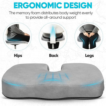 FORTEM Seat Cushion, Office Chair Cushion, Memory Foam Car Seat Cushions, Sciatica Coccyx Tailbone Pain Relief, Chair Cushions for Back Support, Sitting Pad for Gaming, Washable Cover, Non Slip