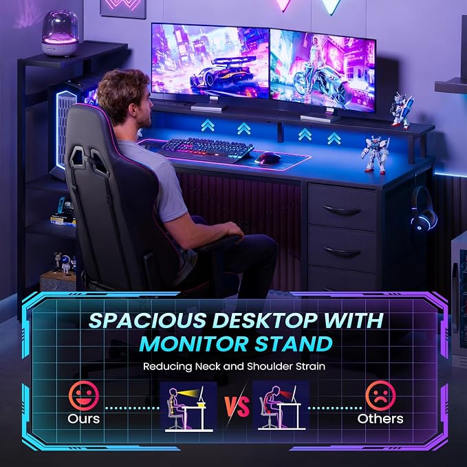 59 Inch Gaming Desk with Power Outlet and LED Lights, Computer Desk with 4 Drawers & Storage Shelves, Reversible Home Office Desk with Monitor Stand for Small Space Bedroom, Carbon Fiber Black