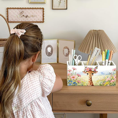 Giraffe Pen Pencil Holder for Desk Accessories, Giraffe Gifts for Women & Kids, Rustic Butterfly Flower Wild Animal Wooden Box Sign Decorations for Kids Room Home Office Desk Tabletop