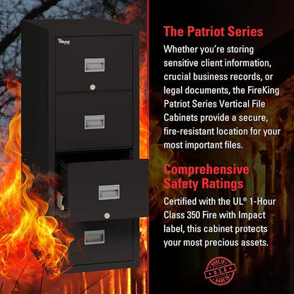 FireKing Patriot Vertical 4 Drawer Legal & Letter Fire Safe File Cabinet, Key Lock, 1 Hour Fire Rated UL Rated & Water Resistant, USA Made, Black