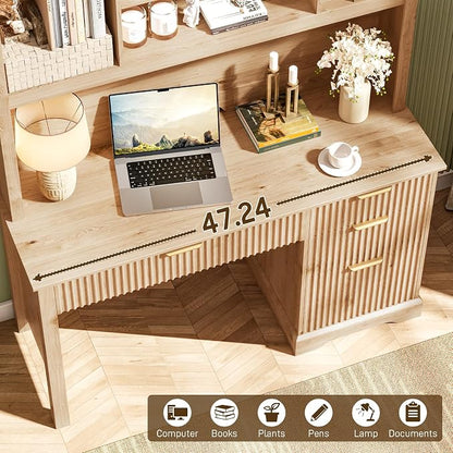 Vabches Fluted Executive Desk with Drawers, Wood Computer Desk with Ample File Drawer, Home Office Desk with Hutch for Study, Bedroom, Living Room, Oak