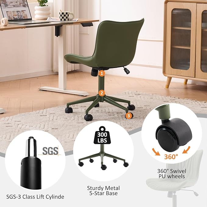 YOUTASTE Green Armless Office Chair, Modern Adjustable Swivel Desk Chair with Wheels, Upholstered PU Leather, Green Metal Legs, Back Support for Home Office, Study, Vanity, Bedroom