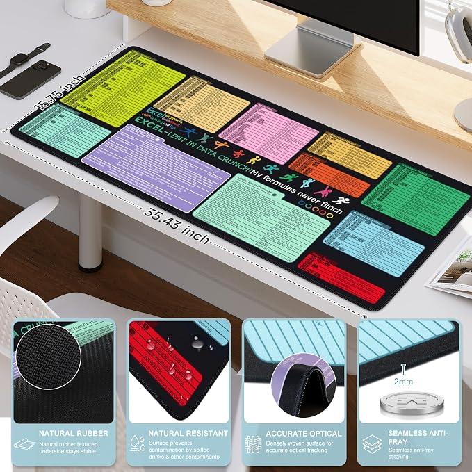iCasso Excel Cheat Sheet Desk Pad Mat with Excel for Dummies 2025 Book, Excel Mouse Pad Shortcuts, Large Desk Mat, XXL Non-Slip Exel Mousepad with Stitched Edges for Desktop Protector