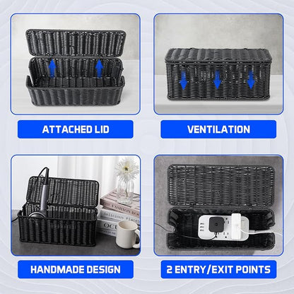 Cable Management Box, Handmade Rattan Cable Organizer with 2 Open Slots, Cord Hider for Power Strip, Router & USB Hub, Registered U.S. Design Patent (D1,112,102), 13" x 5.1" x 5.1", Black