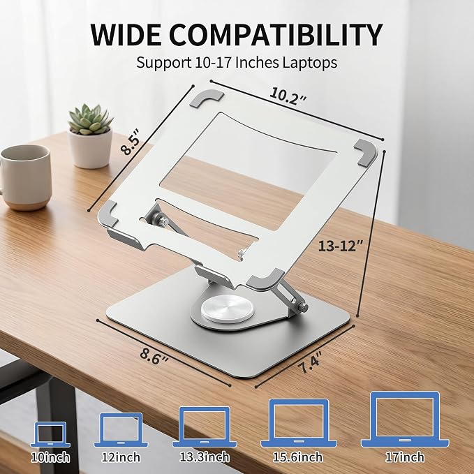 ALASHI Laptop Stand for Desk with 360° Rotating Base, Multi-Angle Adjustable Laptop Stands, Foldable Laptop Riser Compatible with 10 to 17 Inches PC Computer, Silver
