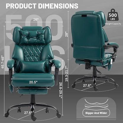 Massage Office Chair with Foot Rest,6 Points Vibration&Heat Executive Office Chairs,Big and Tall Office Chair 500LBS,Ergonomic Desk Chair for Heavy People,Home and Office Computer Chair,Green PU