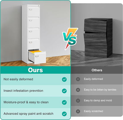 SISESOL 5 Drawer File Cabinet with Lock,White Narrow Vertical File Cabinet Five Drawer,Tall Office Filing Cabinets,Metal Filing Cabinets for Home Office,Fit A4,Legal,Letter Size,-Assembly Required