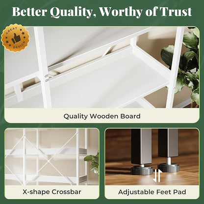 Huuger 5 Tier Bookshelf, Display Bookshelf with 10 Open Shelves and Raised Baffle, 47.2 Inch Straight Wide Bookcase with Metal Frame and Wooden Board, Adjustable Feet, White