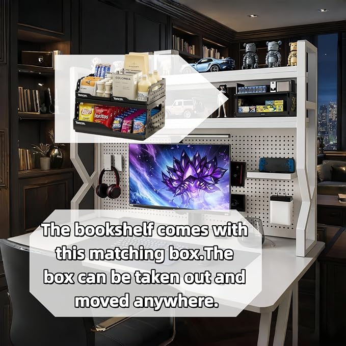 Desktop Hutch Bookshelf,Many Gifts,Metal Desktop Bookcase with pegboard, Desk Shelf White, Countertop Storage Organizer Rack for Dorm or Office,Desktop Shelves(White, 53.1" Lx9.9 Wx39 H)