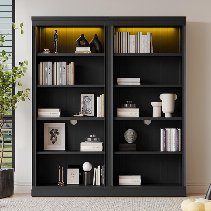 83" Tall Bookcase Suite with light strip, 5-Tier Wood Home Decor Bookcase Suite with Adjustable Shelves, Storage Organizer, Free Standing Storage Shelves Suite for Living Room,Home Office, Black