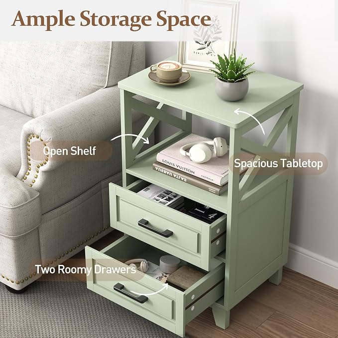 RoyalCraft 30" Tall Nightstand, Modern Painted Bedside Table with 2 Drawers and Open Shelf, Wood Side Table for Bedroom, Home Office, Green-Open Shelf Above, Set of 2